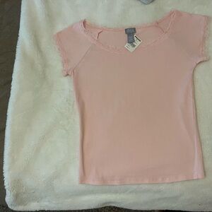 Tilly’s Short Sleeve Lace Trim Tee - Light Pink Sz M
